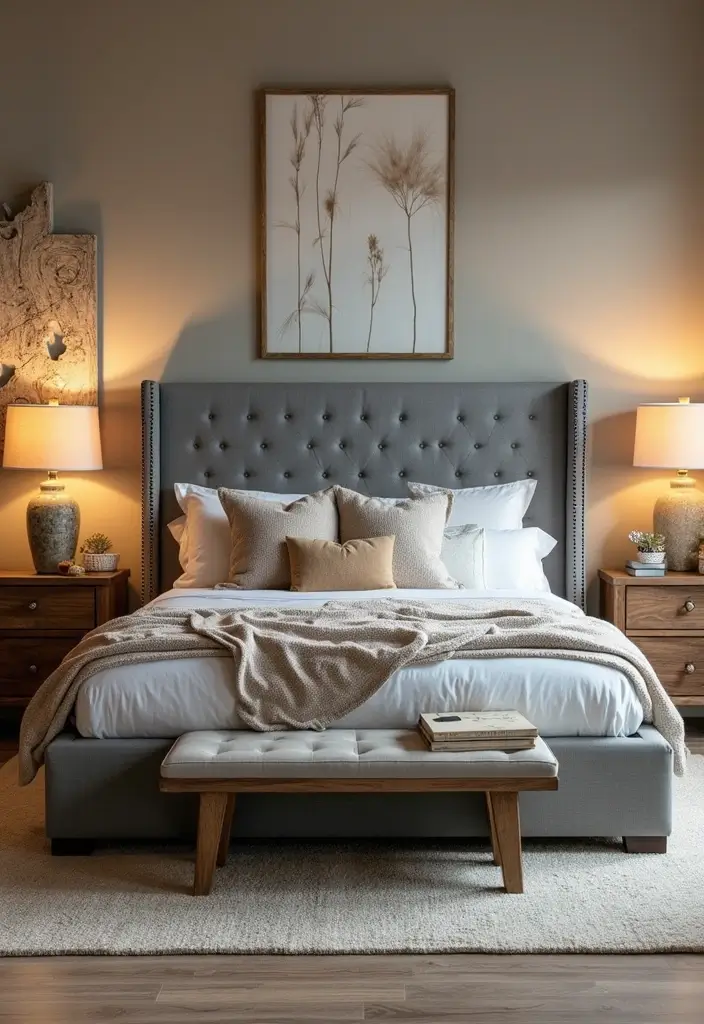 30 Grey Upholstered Bed Bedroom Ideas That Look Plush & Stylish - 9. Modern Rustic Fusion