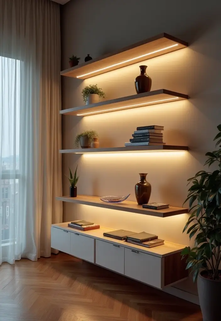30 LED Strip Lighting Ideas Bedroom That Feel Futuristic - 13. Floating Shelves Lighting