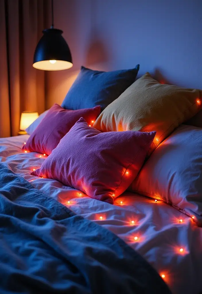 30 LED Strip Lighting Ideas Bedroom That Feel Futuristic - 14. Colorful Throw Pillows with LED