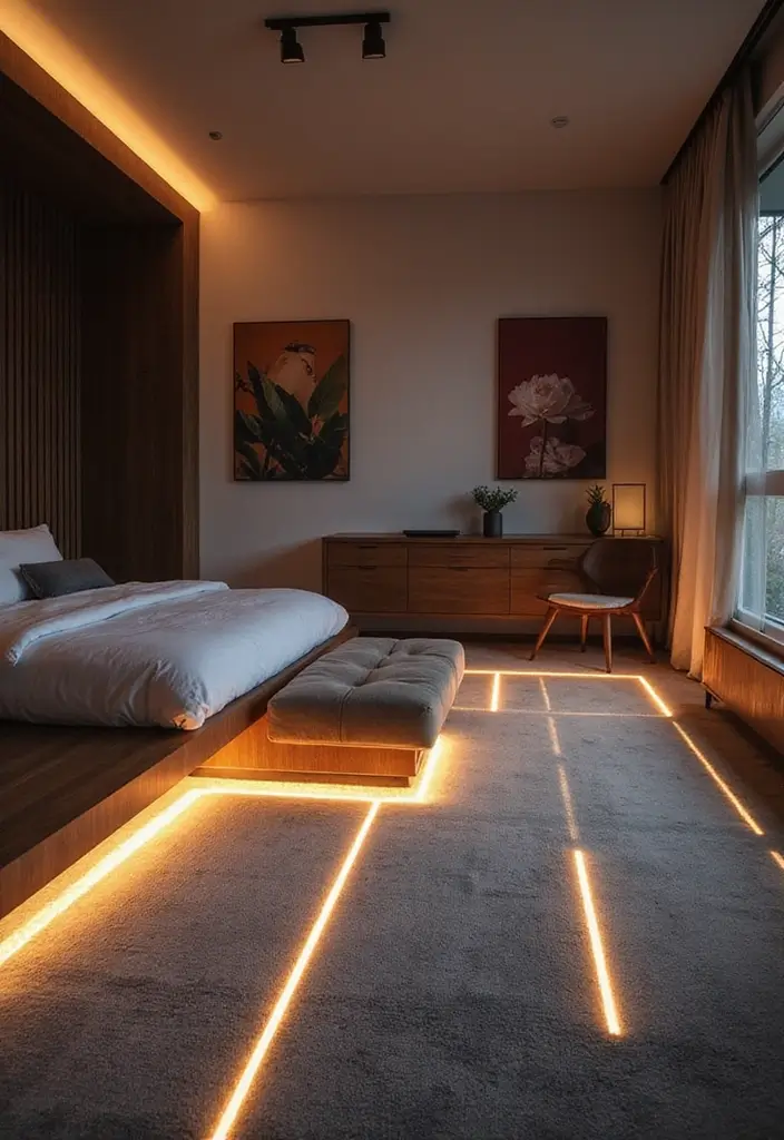 30 LED Strip Lighting Ideas Bedroom That Feel Futuristic - 27. Glowing Floor Designs