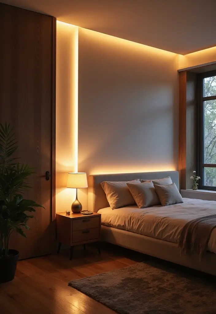 30 LED Strip Lighting Ideas Bedroom That Feel Futuristic - 8. Layered Lighting Effects
