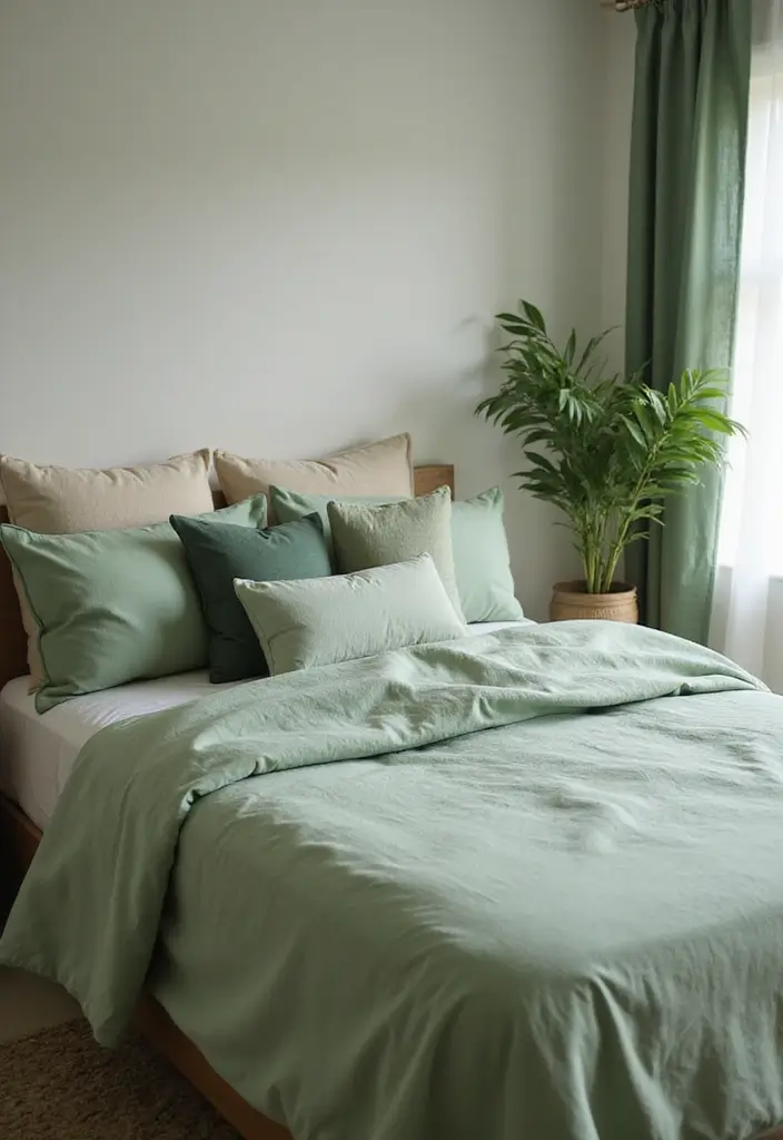 30 Light Green Bedroom Ideas That Add Soft Natural Vibes - 11. Soft Green Bedding