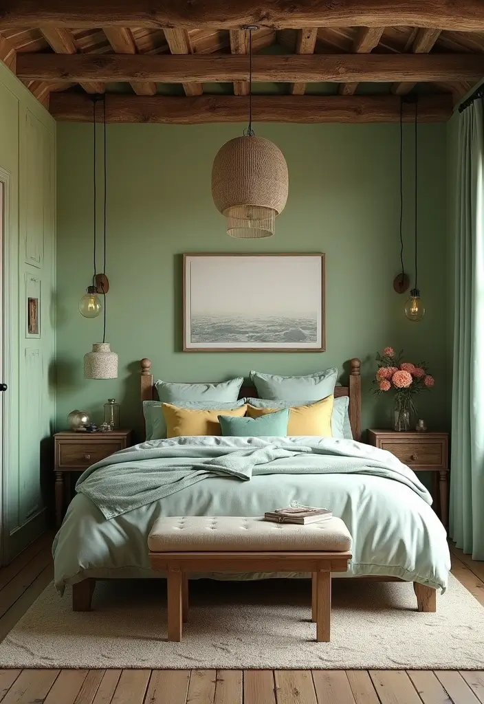 30 Light Green Bedroom Ideas That Add Soft Natural Vibes - 15. Rustic Element Integration