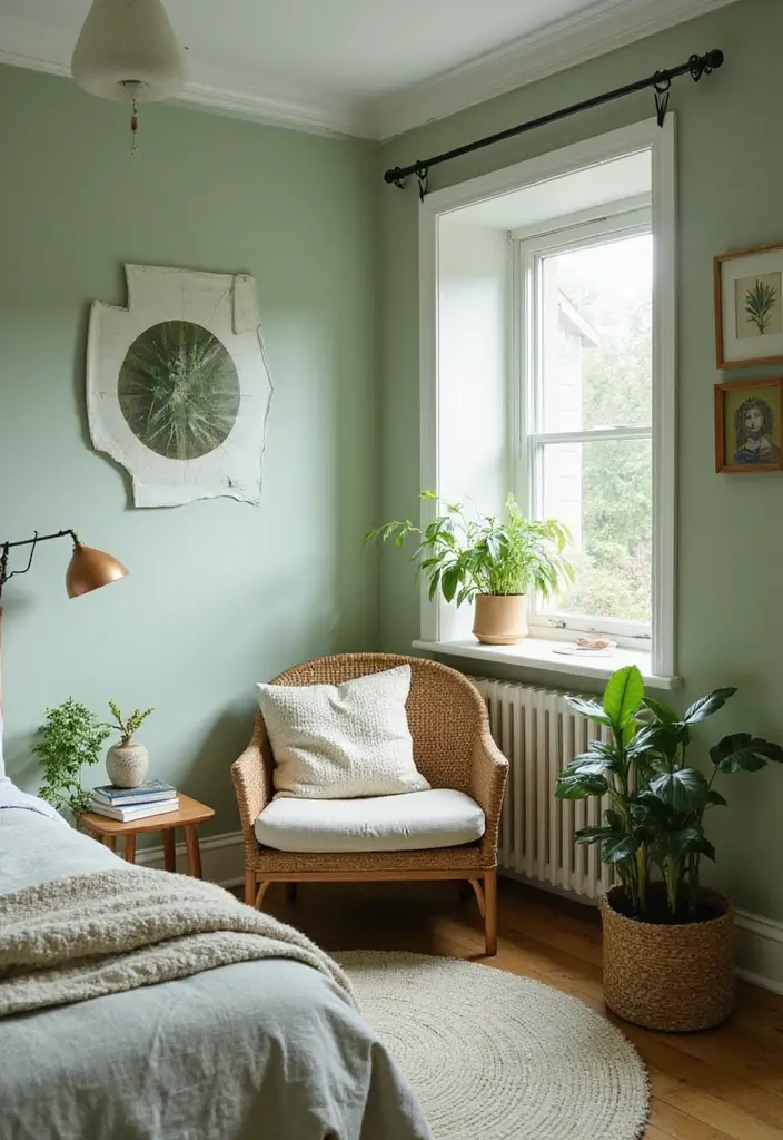 30 Light Green Bedroom Ideas That Add Soft Natural Vibes - 16. Cozy Reading Nook