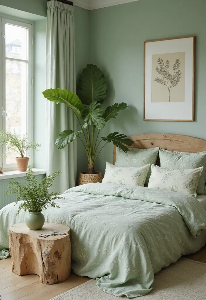 30 Light Green Bedroom Ideas That Add Soft Natural Vibes - 17. Theme with Natural Elements