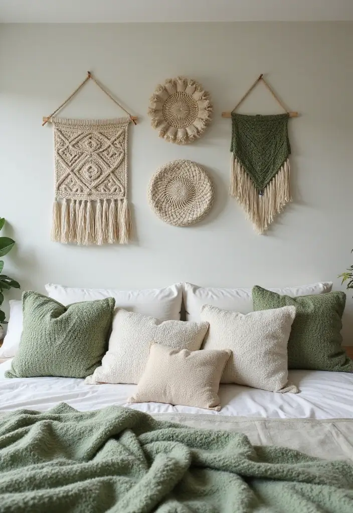30 Light Green Bedroom Ideas That Add Soft Natural Vibes - 22. Cozy Wall Hangings