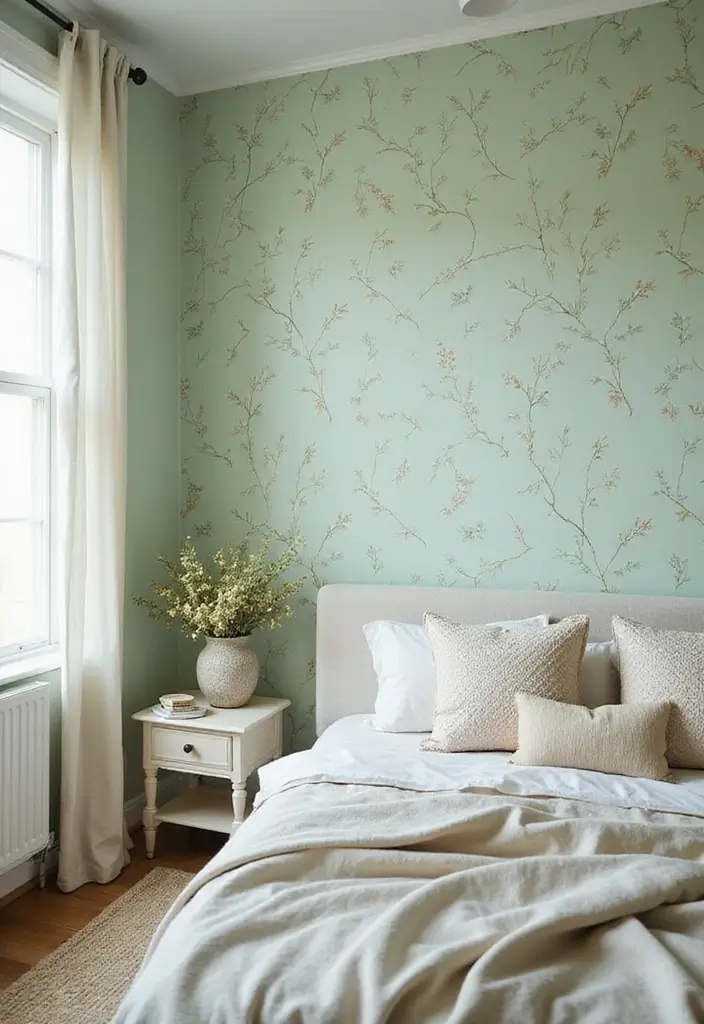 30 Light Green Bedroom Ideas That Add Soft Natural Vibes - 25. Light Green Wallpaper