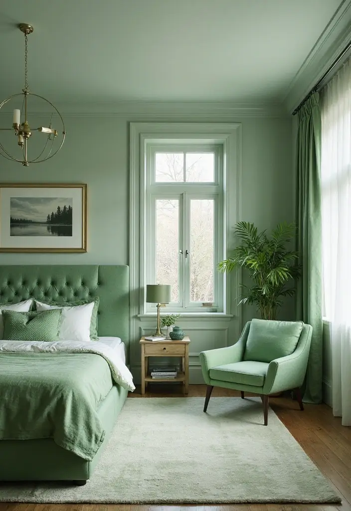 30 Light Green Bedroom Ideas That Add Soft Natural Vibes - 26. Green Upholstery