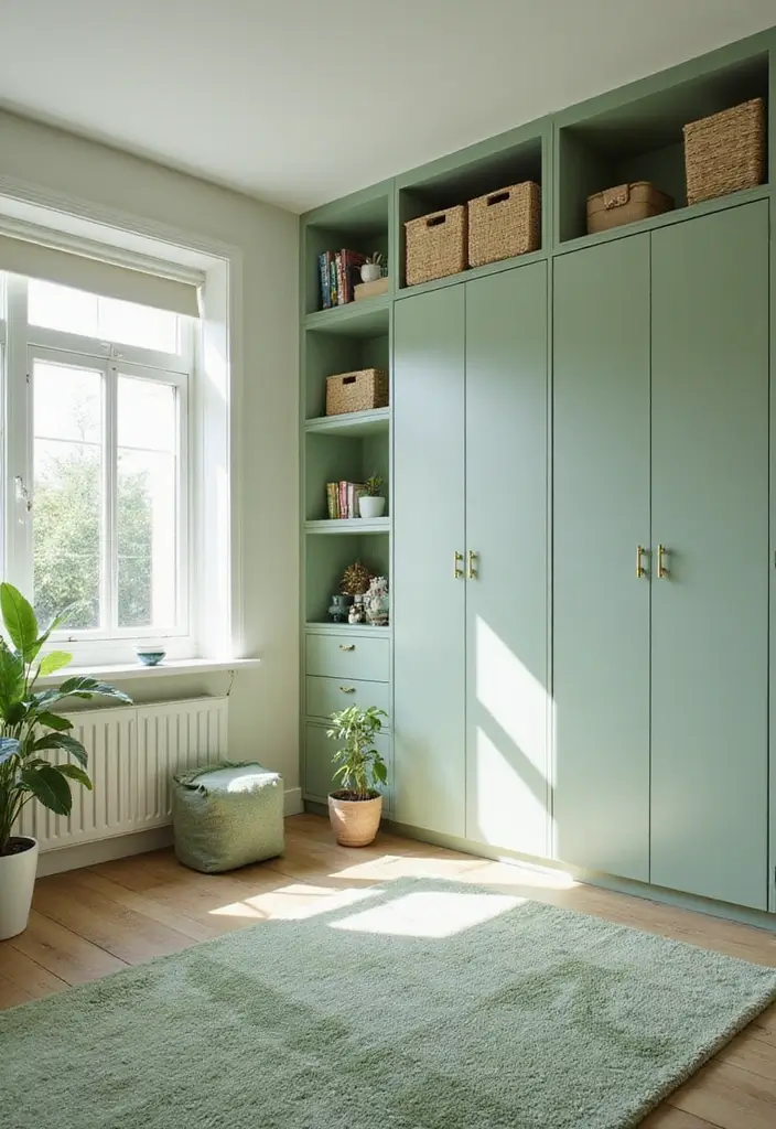 30 Light Green Bedroom Ideas That Add Soft Natural Vibes - 27. Creative Storage Solutions