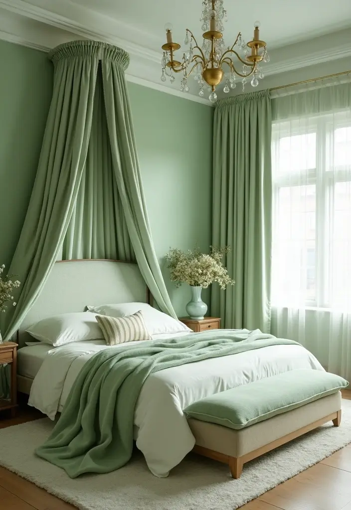 30 Light Green Bedroom Ideas That Add Soft Natural Vibes - 28. Beautiful Canopy Beds