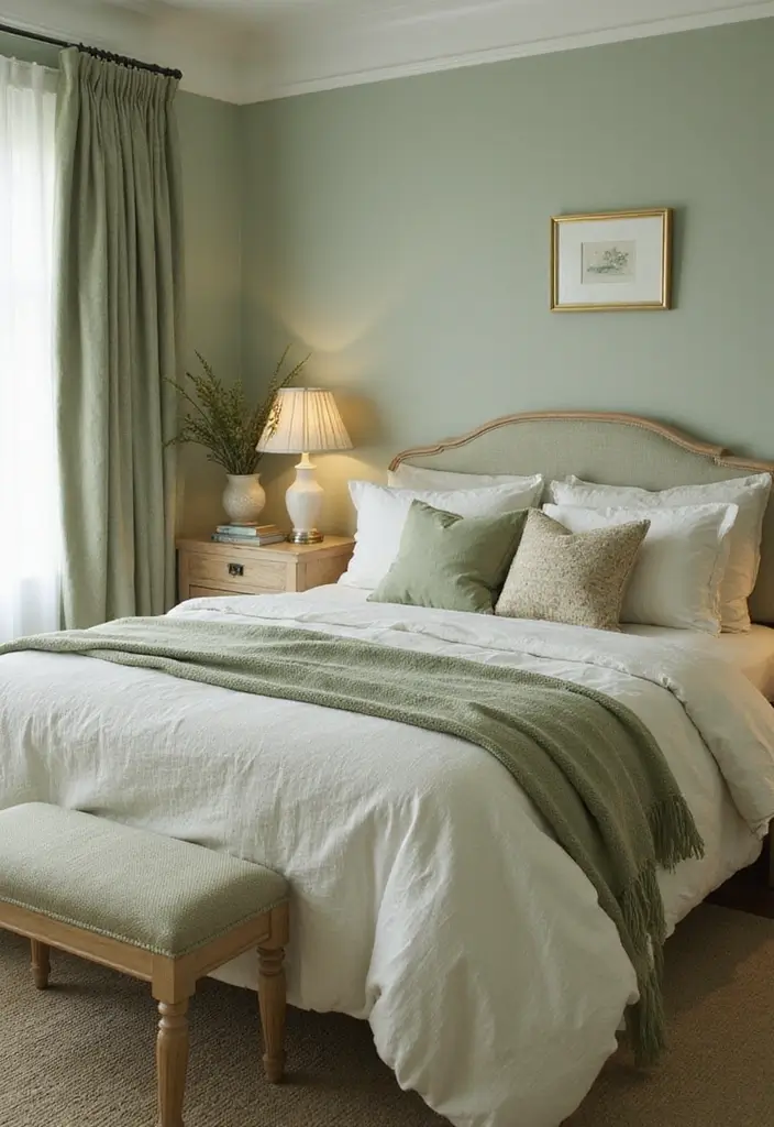 30 Light Green Bedroom Ideas That Add Soft Natural Vibes - 8. Layering Textures