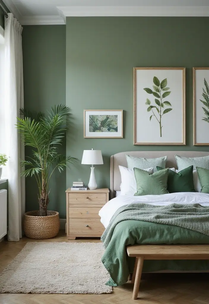 30 Light Green Bedroom Ideas That Add Soft Natural Vibes - 9. Artistic Green Decor