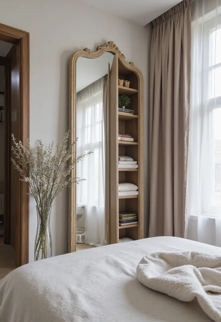 30 Small Bedroom Shelving Ideas That Maximize Vertical Space - 17. Hidden Shelves Behind Mirrors