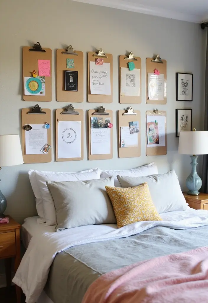 30 Small Bedroom Shelving Ideas That Maximize Vertical Space - 20. Clipboards as Art and Storage
