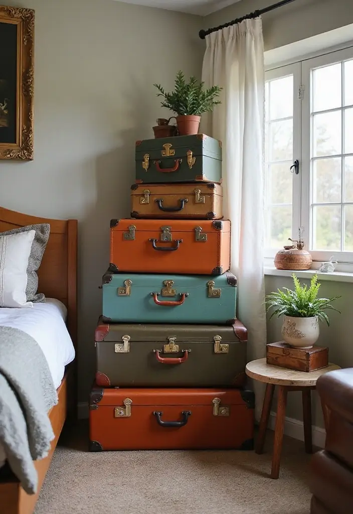 30 Small Bedroom Shelving Ideas That Maximize Vertical Space - 21. Vintage Suitcases as Storage