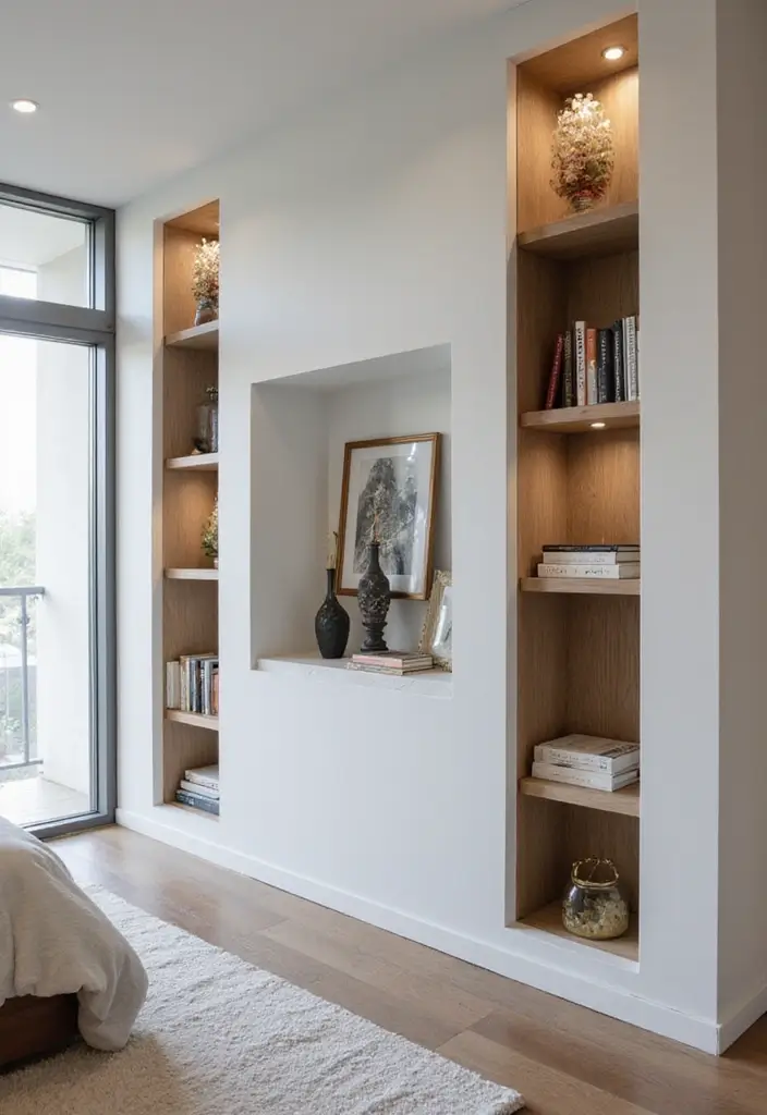 30 Small Bedroom Shelving Ideas That Maximize Vertical Space - 23. Recessed Shelves