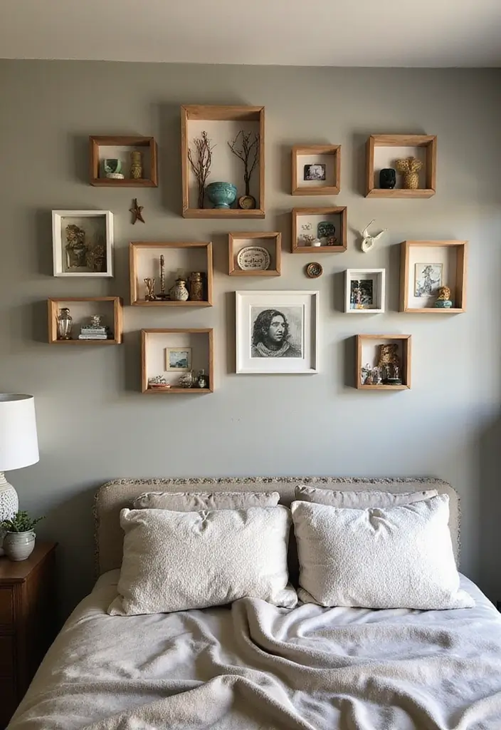 30 Small Bedroom Shelving Ideas That Maximize Vertical Space - 24. Shadow Boxes for Decorative Storage