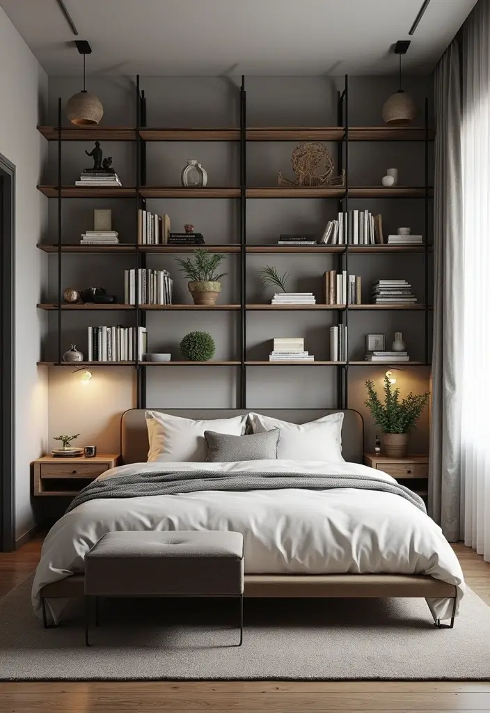 30 Small Bedroom Shelving Ideas That Maximize Vertical Space - 26. Industrial-Style Shelving