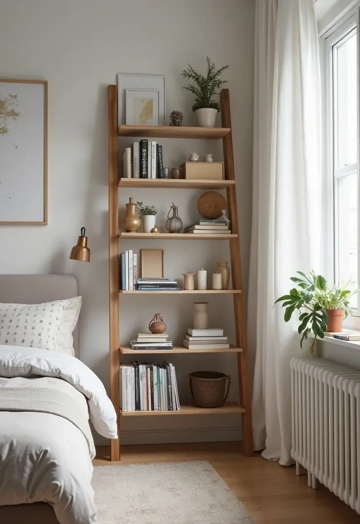 30 Small Bedroom Shelving Ideas That Maximize Vertical Space - 28. Ladder Bookshelves