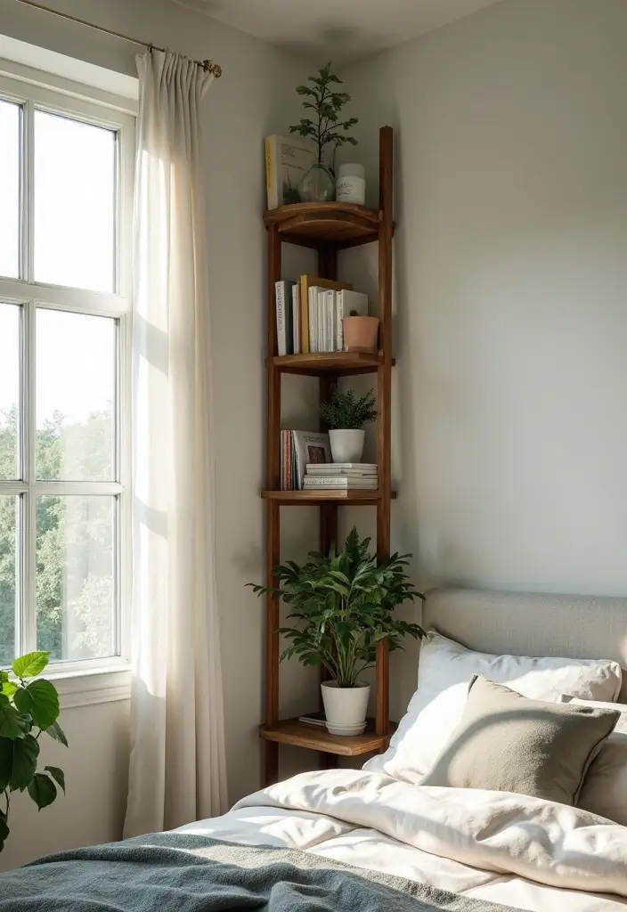 30 Small Bedroom Shelving Ideas That Maximize Vertical Space - 29. Corner Ladder Shelves