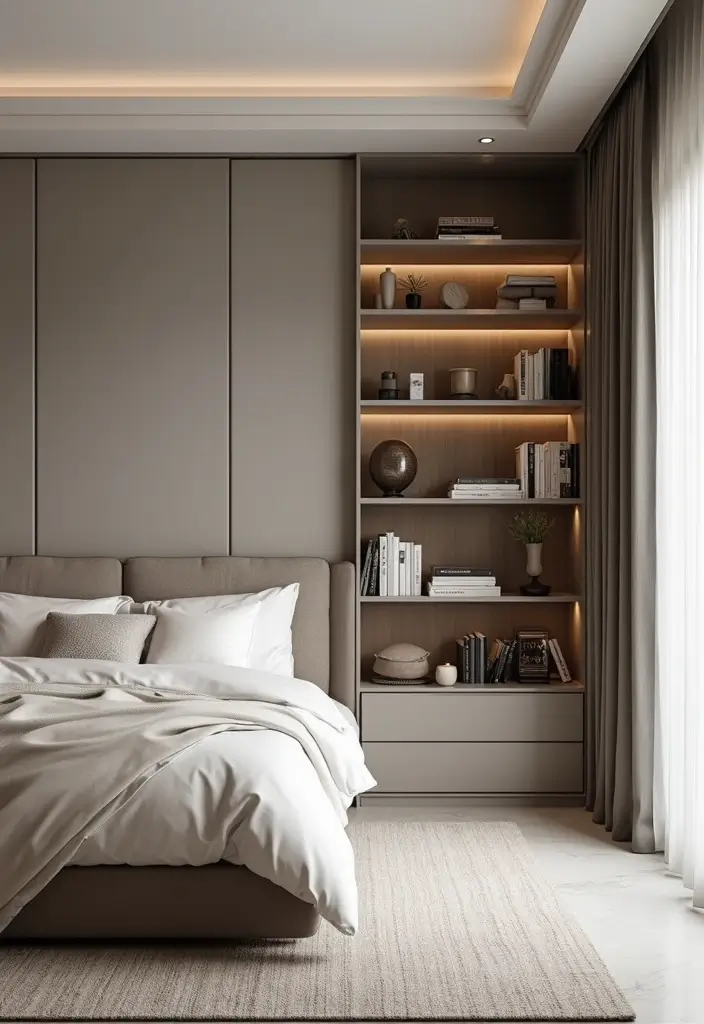 30 Small Bedroom Shelving Ideas That Maximize Vertical Space - 30. Built-In Shelving for a Seamless Look