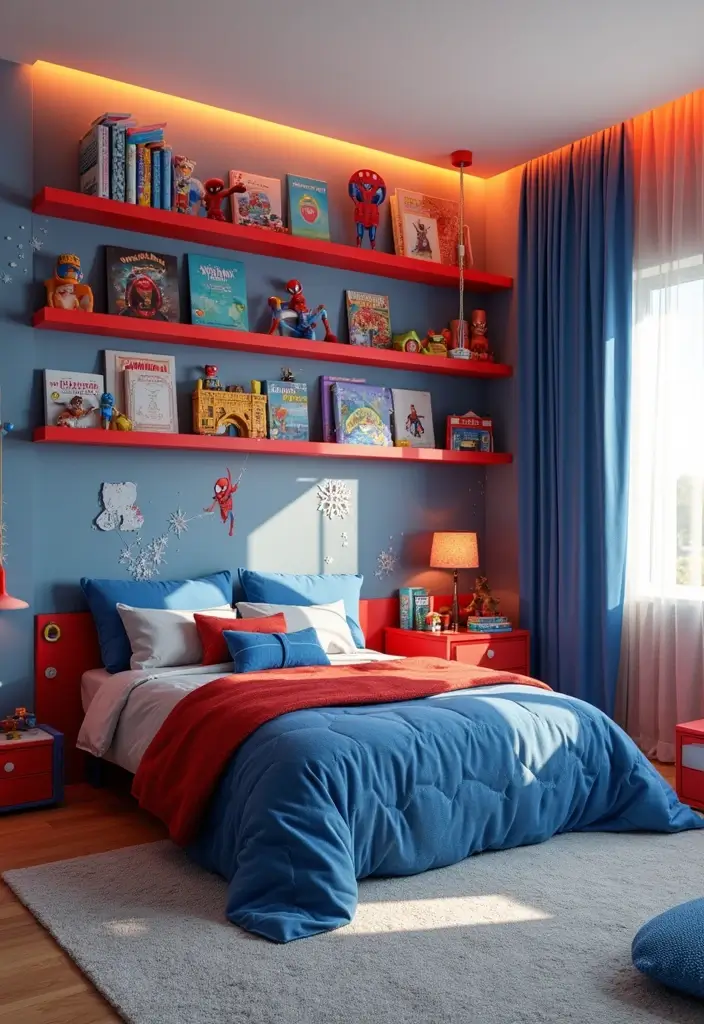 30 Spider-Man Bedroom Ideas for Little Boys Who Love Superheroes - 16. Spider-Man Themed Shelves