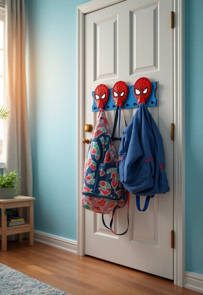 30 Spider-Man Bedroom Ideas for Little Boys Who Love Superheroes - 27. Spider-Man Themed Backpack Hooks
