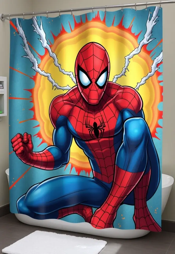 30 Spider-Man Bedroom Ideas for Little Boys Who Love Superheroes - 28. Spider-Man Themed Shower Curtain