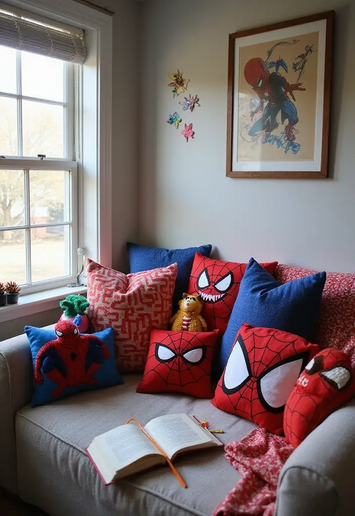 30 Spider-Man Bedroom Ideas for Little Boys Who Love Superheroes - 7. Playful Spider-Man Throw Pillows