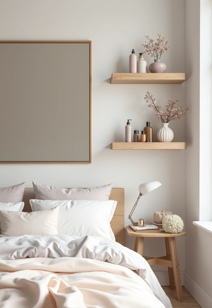 30 Vanity Wall Ideas Bedroom That Feel Trendy & Functional - 1. Floating Shelves with a Mirror Accent