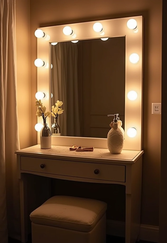 30 Vanity Wall Ideas Bedroom That Feel Trendy & Functional - 11. Glamorous Hollywood Lights