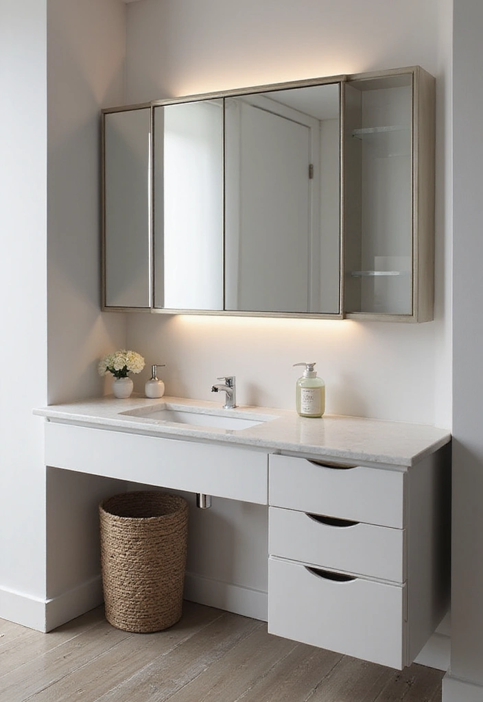 30 Vanity Wall Ideas Bedroom That Feel Trendy & Functional - 12. Space-Saving Mirrored Cabinet