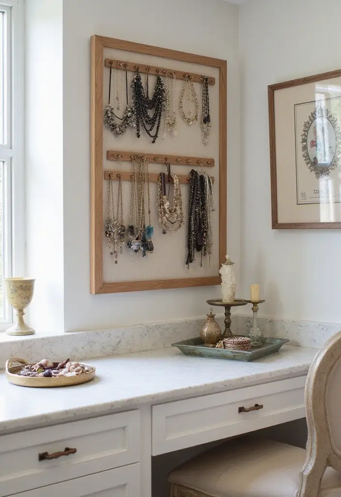 30 Vanity Wall Ideas Bedroom That Feel Trendy & Functional - 14. Elegant Jewelry Display