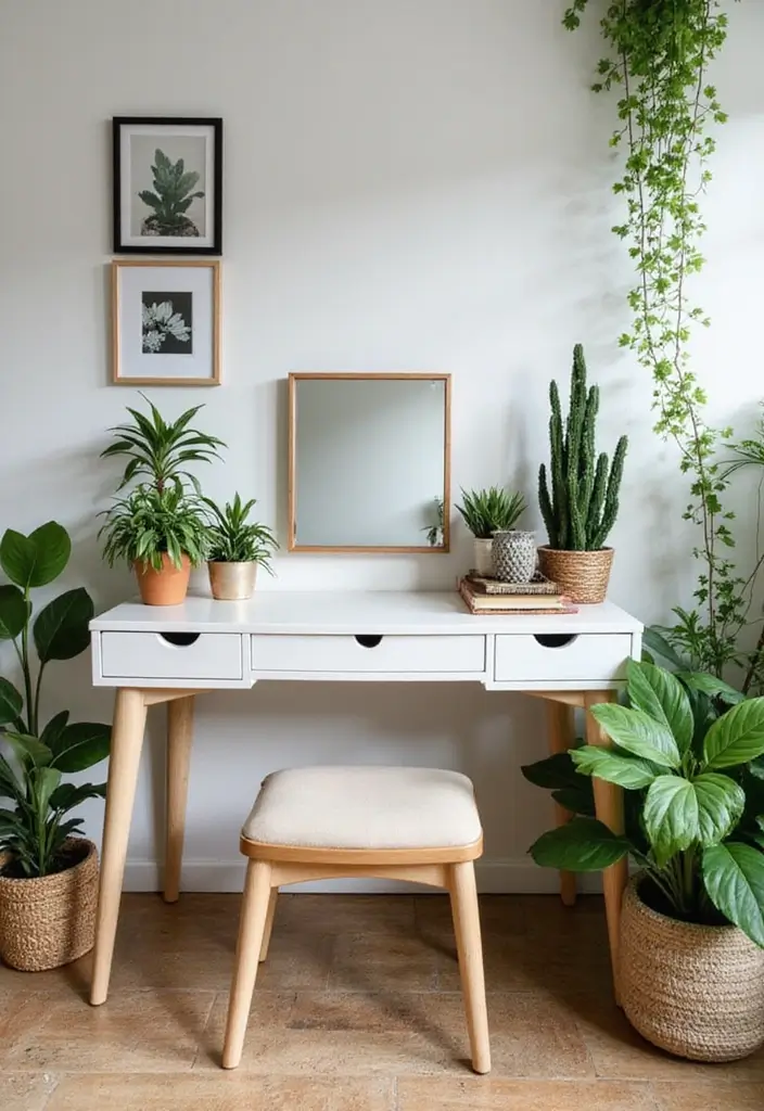 30 Vanity Wall Ideas Bedroom That Feel Trendy & Functional - 15. Botanical Beauty Corner