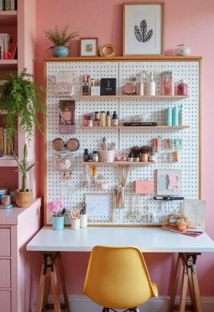 30 Vanity Wall Ideas Bedroom That Feel Trendy & Functional - 16. Simple Pegboard Organization