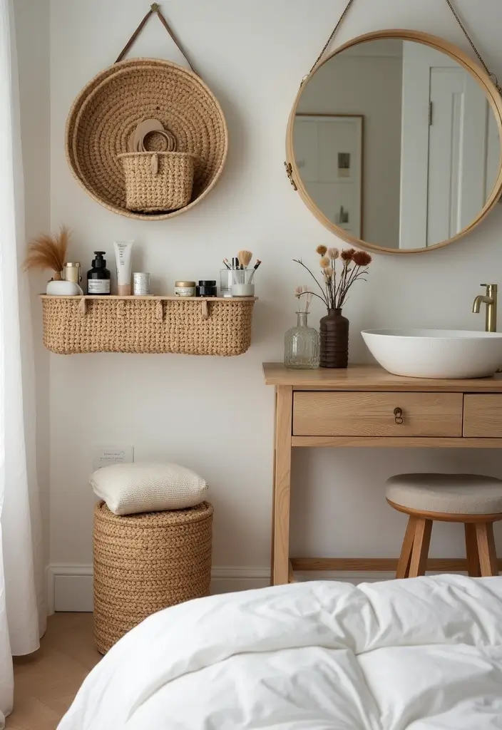 30 Vanity Wall Ideas Bedroom That Feel Trendy & Functional - 18. Stylish Baskets for Storage