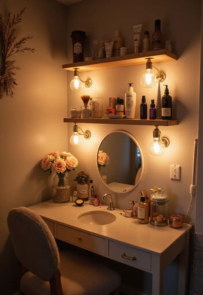 30 Vanity Wall Ideas Bedroom That Feel Trendy & Functional - 22. Accent Lighting with Shelving