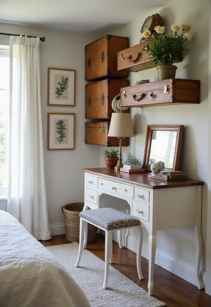 30 Vanity Wall Ideas Bedroom That Feel Trendy & Functional - 23. Vintage Suitcase Storage