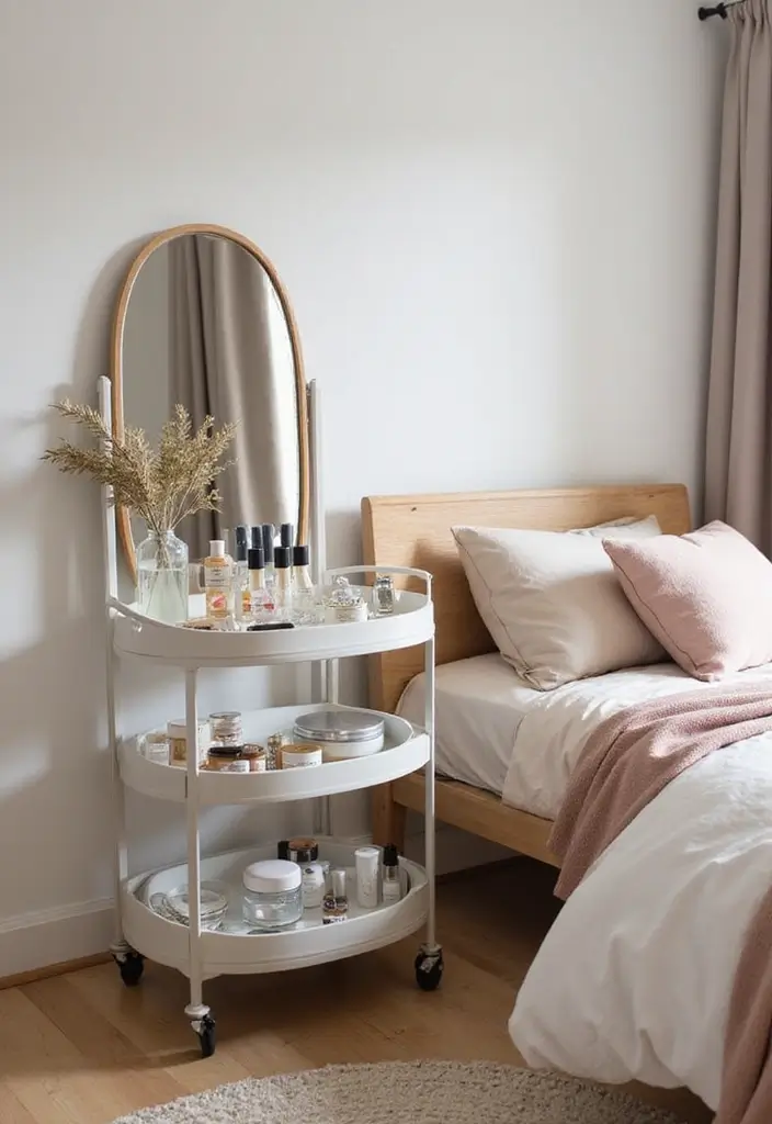 30 Vanity Wall Ideas Bedroom That Feel Trendy & Functional - 25. Minimalist Trolley for Mobility