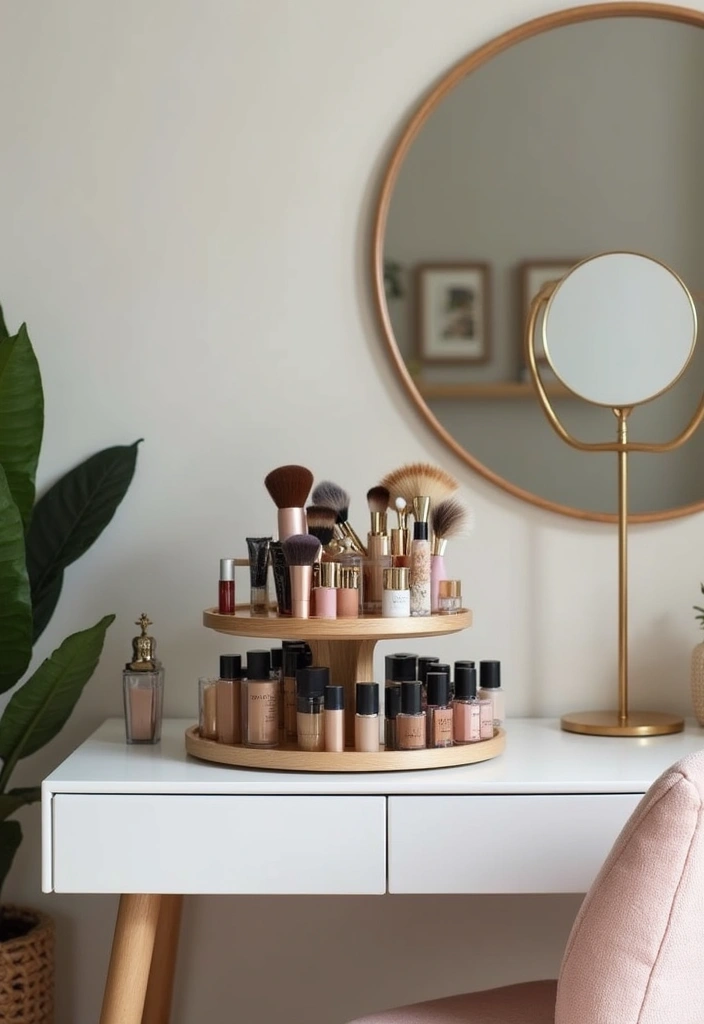 30 Vanity Wall Ideas Bedroom That Feel Trendy & Functional - 26. Rotating Makeup Organizer