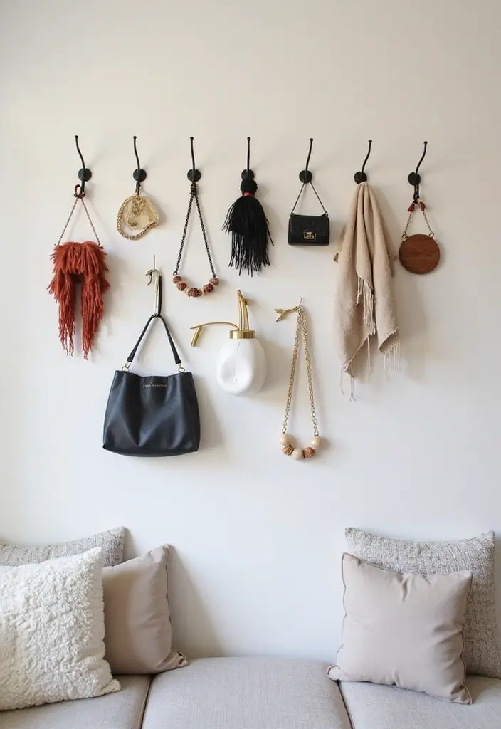 30 Vanity Wall Ideas Bedroom That Feel Trendy & Functional - 27. Decorative Wall Hooks