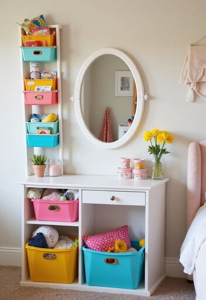 30 Vanity Wall Ideas Bedroom That Feel Trendy & Functional - 28. Colorful Storage Bins