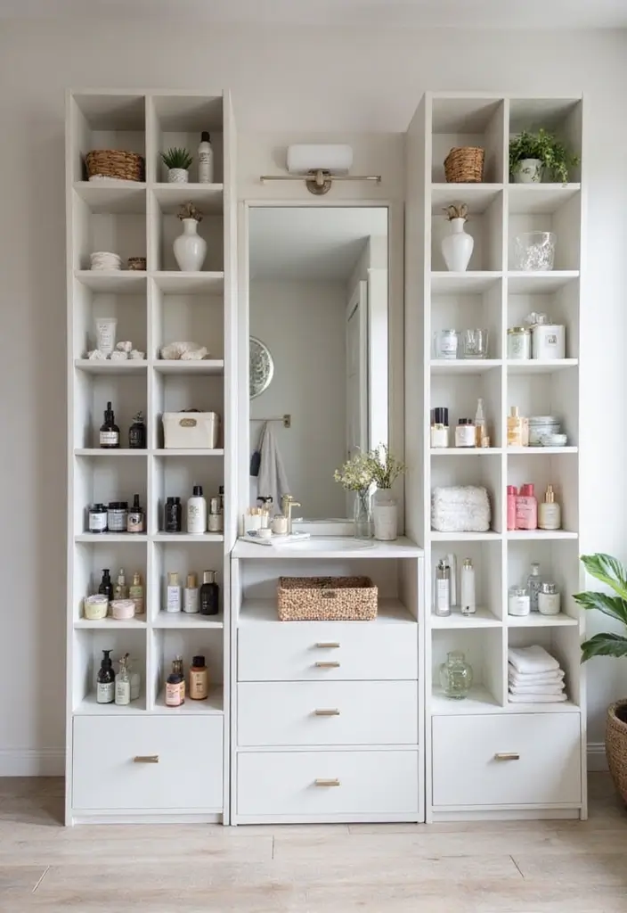 30 Vanity Wall Ideas Bedroom That Feel Trendy & Functional - 29. Minimalist Cubby Storage
