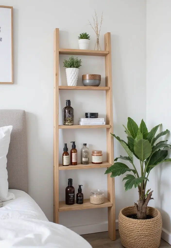 30 Vanity Wall Ideas Bedroom That Feel Trendy & Functional - 8. Chic Ladder Shelf Display