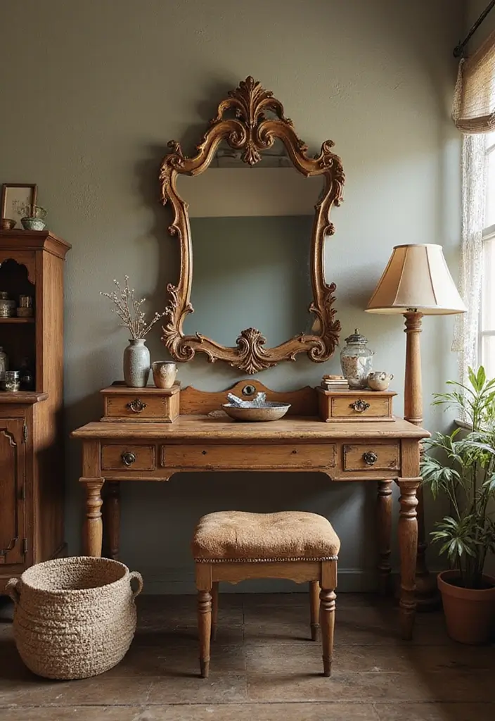 30 Vanity Wall Ideas Bedroom That Feel Trendy & Functional - 9. Vintage-Inspired Vanity Space