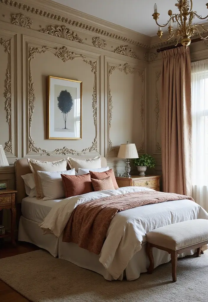 30 Wainscoting Bedroom Master Feature Walls Ideas That Add Texture - 20. Ornate Raised Patterns