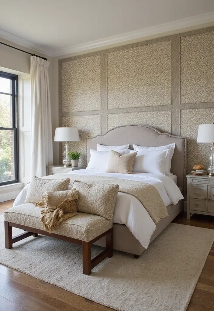 30 Wainscoting Bedroom Master Feature Walls Ideas That Add Texture - 5. Fabric-Wrapped Panels