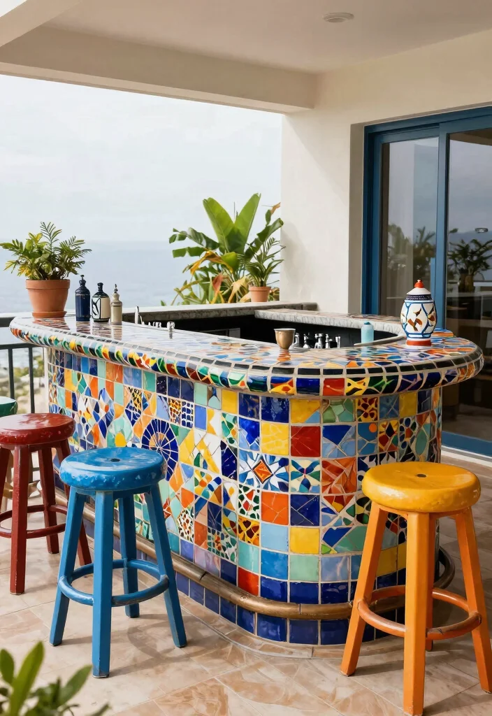 15 Bar Counter in Balcony Ideas With Stylish Function - 7. Colorful Mosaic Bar 1