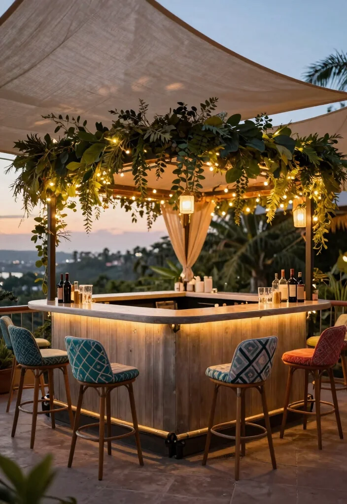 15 Bar Counter in Balcony Ideas With Stylish Function - 9. Chic Bar with Canopy 1