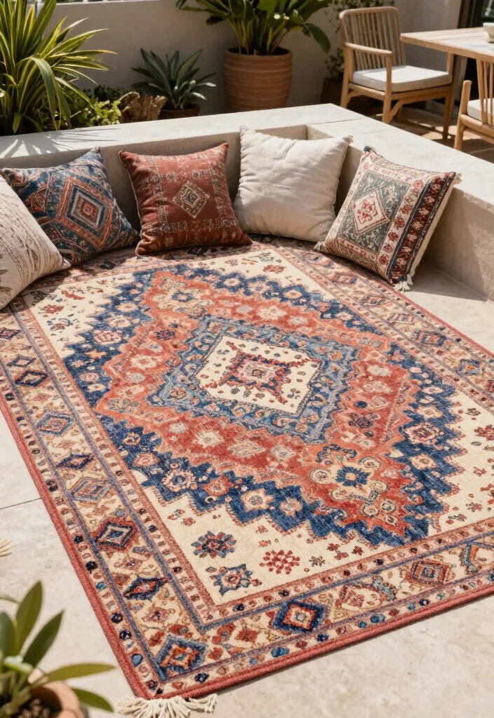 15 Covered Patio Decorating Ideas With Stylish Comfort - 9. Outdoor Rugs for Comfort and Style 1